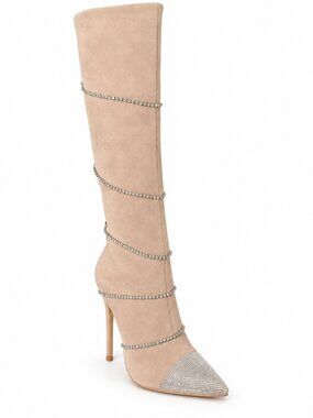 Lauren Lorraine Beyonce Beige Rhinestone Knee High Boots US 6 NIB
